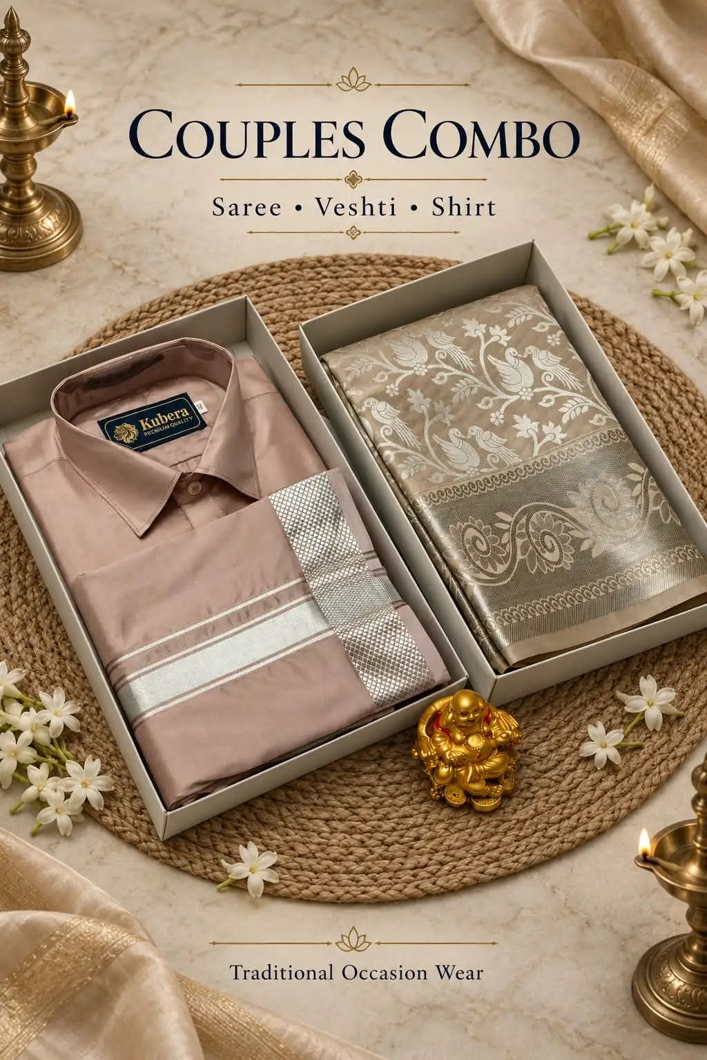Peacock Motif Silver Jari Woven Couple Combo Set